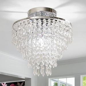 FRIXCHUR 11.8" Crystal Chandelier Chrome Flush Mount Ceiling Light 5 Tiers Raindrops Silver Chandeliers for Bedroom Hallway Living Room,E26 Base