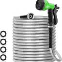 100ft 304 Stainless Steel Garden Hose Metal, Heavy Duty Water Pipe with Nozzles for Yard, Outdoor - Flexible, Never Kink & Tangle, Puncture Resistant (Sliver)