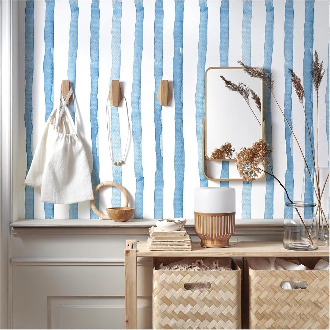 Blue Striped Peel and Stick Wallpaper Removable Self-Adhesive Vinyl Wrap Waterproof Coastal Contact Paper Roll Vintage Boho Decor for Countertops Living Room Bedroom Cabinets 17.7x393.7