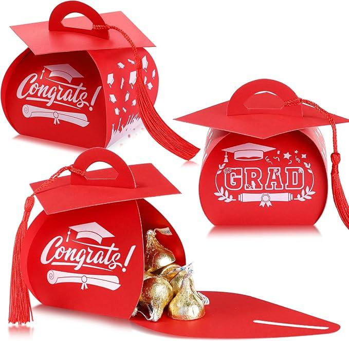 TaoBary 30 Pieces Graduation Cap Candy Box 2025 Graduation Prom Boxes Party Favors Treat with Tassel Centerpieces for Tables Decorations Grad Party Supplies(Red)