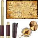 Pirate Spyglass Telescope Treasure Map Pocket Compass Kids Toys Set, Handheld Collapsible 25"x30" Zoomable Monocular Polyester Fabric Huge Map & Golden Compass Boys Gift for Pirate Lovers