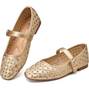 Trary Mary Jane Shoes Women, Hollow Flats for Women, Ballet Flats Shoes Round Toe Mary Jane Flats, Ankle Strap Spring Summer Shoes Dressy Comfortable (7, Gold)