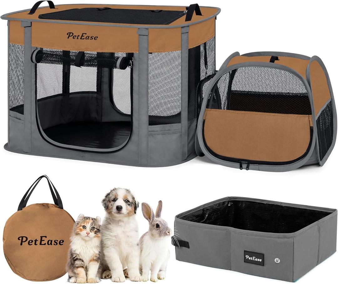 Portable 2-in-1 Dog Crate playpen, Outdoor Cat Playpen with Litter Box Area for Indoor Cats Enclosed Rabbit Puppy Hamster, Indoor/Outdoor Cats Enclosure Cages Tent Tent (Brown)