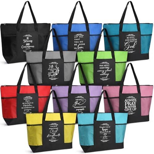 Paterr 10 Pcs Christian Tote Bags Bulk with Pocket Zipper for Women Religious Gifts Bags for Church Bible Study(Colorful,Simple)