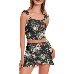 Women Swimsuits with Skirts 2 Piece Bathing Suit with Skirted Bottoms Cute Modest Swimsuits (Large, Black Flower Print)