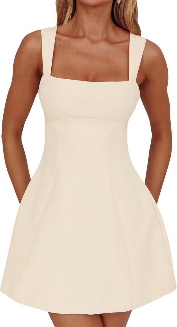 DAAWENXI Women's Casual Square Neck Sleeveless Tank Top Flare Mini Dress A Line Party Club Dresses (Beige, L)