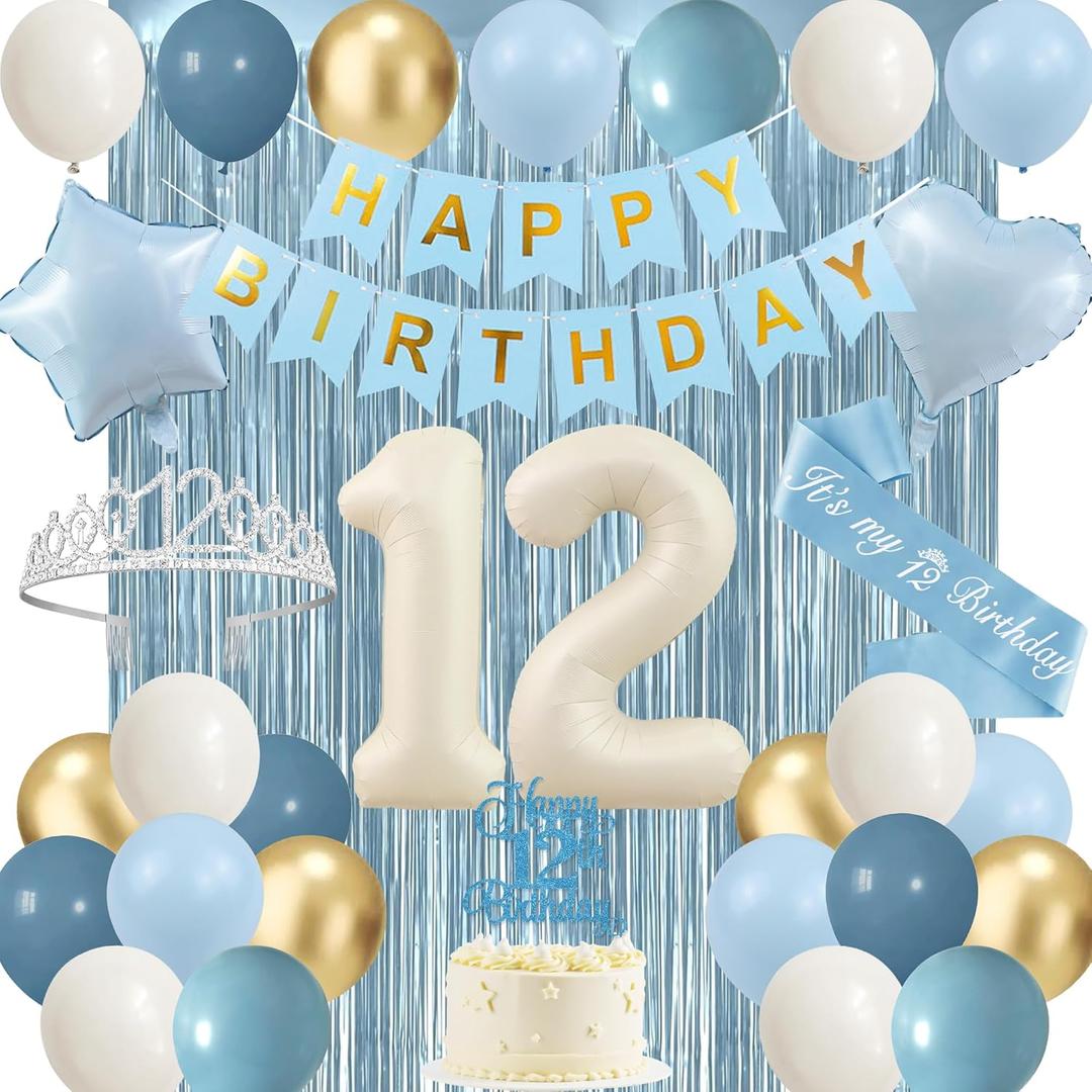 Trgowaul Happy 12th Birthday Decorations for Girls, Light Blue 12th Birthday Party Supplies, Banner, Sash and Crown, Cake Topper, 12 Number Balloon, Fringe Curtains, 12 Years Old Party Decorations Kit
