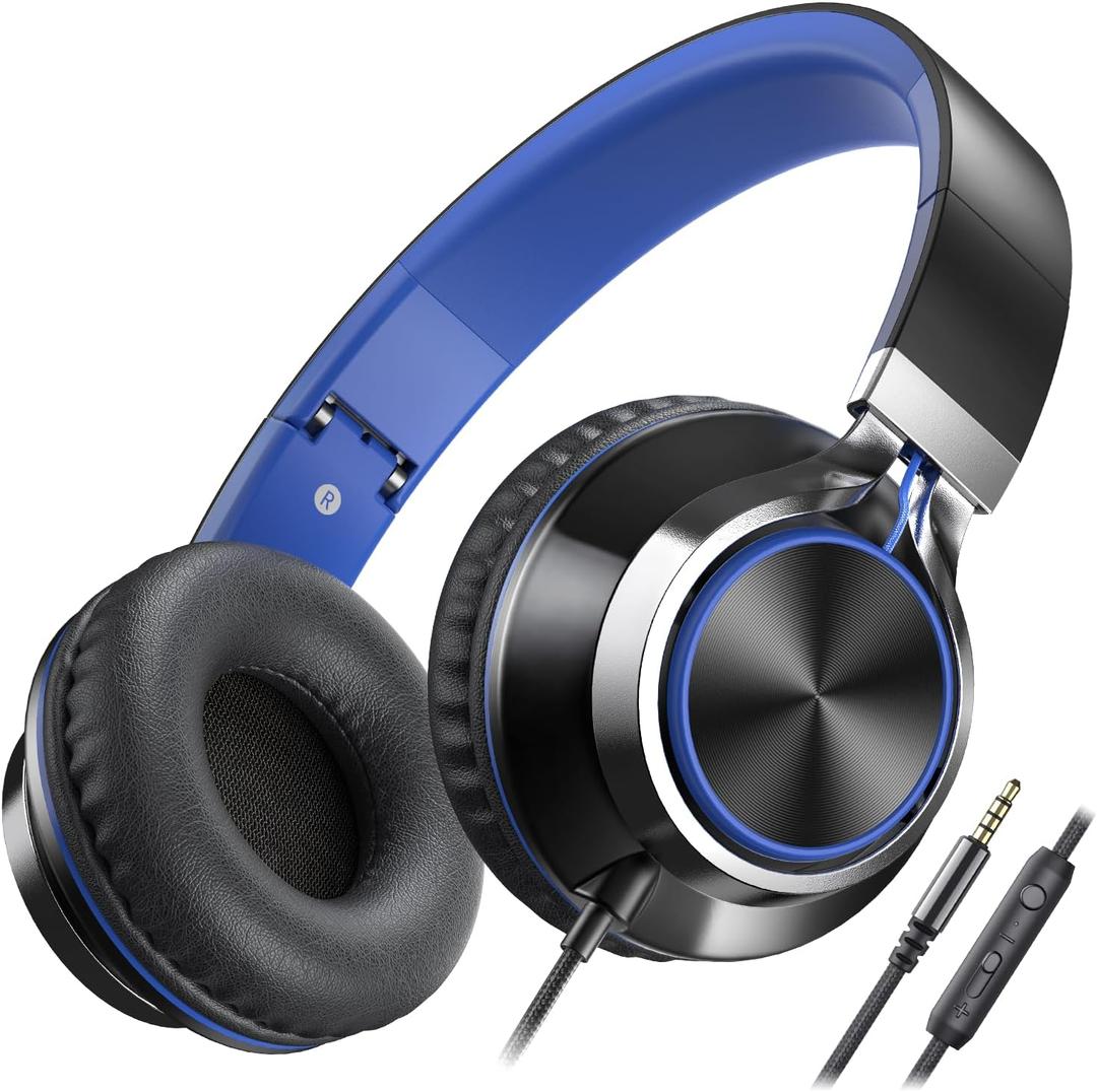 AILIHEN C8 Kids Headphones Wired, On-Ear Headphones with Microphone and Volume Control Foldable Corded Stereo 3.5mm Headset for School Teens Smartphones Chromebook Laptop Tablets Travel (Black Blue) (Medium)