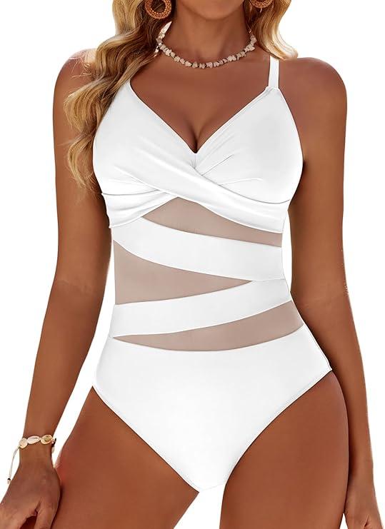 Women's Sexy Mesh Tummy Control Swimsuits V Neck Push Up One Piece Bathing Suits Slimming Swimwear, White Large 