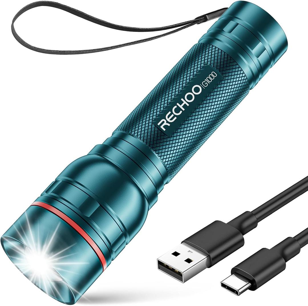 RECHOO Rechargeable Flashlight 1 Pack, Bright Military Grade Torch Light High Lumens with Adjustable Focus & 3 Lighting Modes, Lightweight Waterproof Led Flashlight for Camping Home, Teal Blue