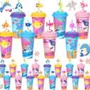 AFZMON 24 Sets Shark Party Favors Goodie Cups With Lids and Silly Straws Bulk, Shark Birthday Decorations for Kids Bags Stuffers Gifts