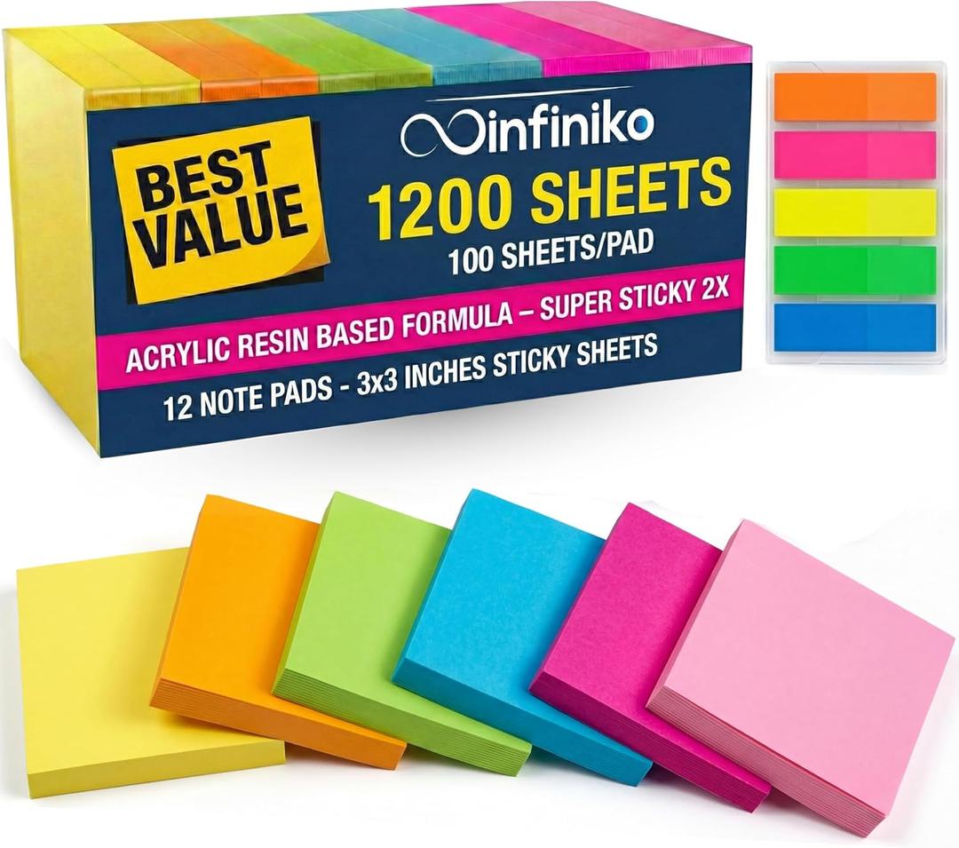 Sticky Notes 3x3 (12 Pads/1200 Sheets)  2026 Improved Adhesive, Super Sticky & Bright Neon Colors  1200 Sheets  Ideal for School, Office & Desk Supplies