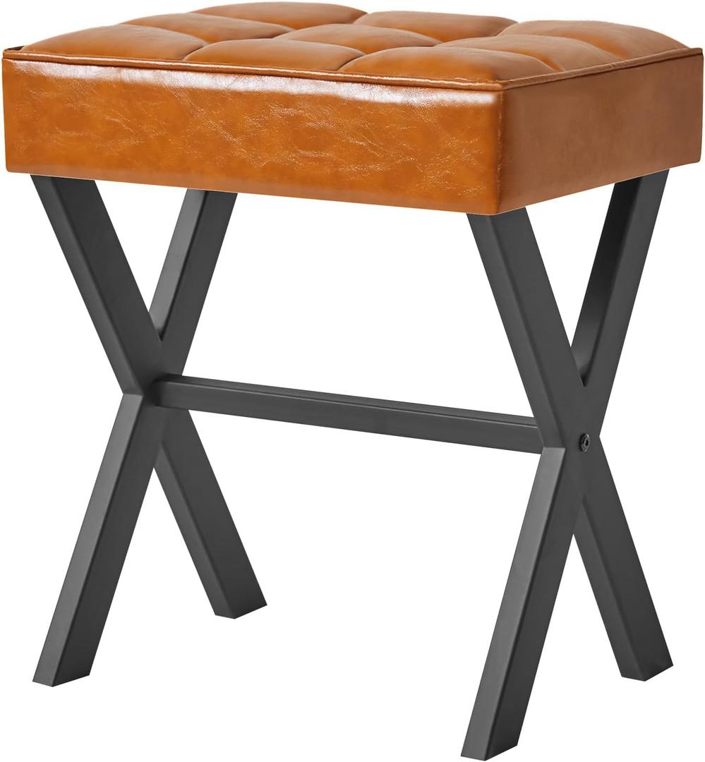 IBUYKE Square Makeup Stool with X-Leg Foot Rest, PU Footrest, Ottoman Seat, Multi-Use as Small Side Table, for Bedroom, Living Room, Light Brown LG-71J (17.72"-Leather)