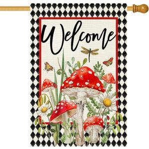 Baccessor Spring Summer House Flag 28 x 40 Inch, Mushroom Floral Diamond Double Sided Burlap Welcome Large Yard Flag Seasonal Holiday Lawn Proch Outdoor Outside Decor