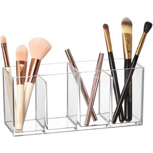 Amazing Abby - Glamour - Acrylic 4-Compartment Makeup Organizer, Transparent Plastic Makeup Brush Holder, Perfect Bathroom Vanity Storage Solution for Makeup Brushes, Eyebrow Pencils, and More