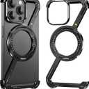 Metal Bumper Case for iPhone 16 Pro Max, Minimalist Z Aluminum Cover Design, Compatible with MagSafe, Ultra Thin Frameless Frame with 360 Rotatable Magnetic Ring, Black Titanium
