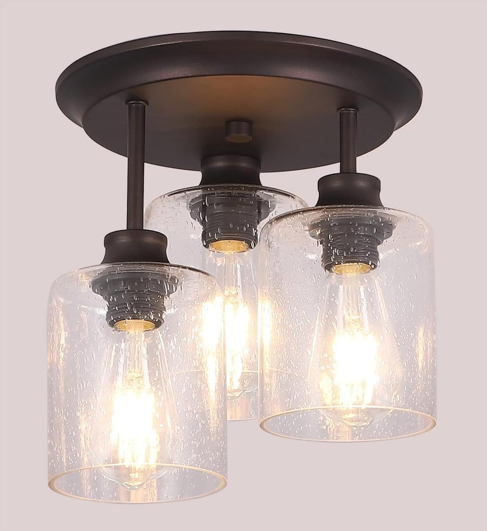 Semi Flush Mount Ceiling Light with Seeded Glass Shades for Kitchen Hallway, and Dining Room, 3-Lights Rustic Ceiling Light Fixtures in Oil Rubbed Bronze