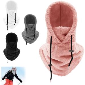 Sherpa Hood Ski Mask,Sherpa Winter Fleece Hood Ski Mask for Women Men,Drawstring Face Cover Hat Coldproof Warm Cap Scarf,Neck Windproof Hooded Scarf,Fleece Warm Ski Mask for Riding Skiing(Pink)