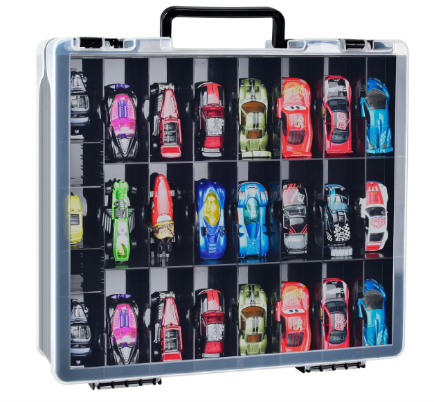 Double Sided Toy Storage Organizer Case for Hot Wheels Car, for Matchbox Cars, for Mini Toys, for Small Dolls. Carrying Box Container Carrier with 48 Compartments  Black (Box Only)