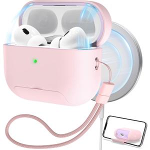 2 x RFUNGUANGO for AirPods Pro 2nd Generation Protective Case, with Phone Holder Function, Magnetic Cover Lock, for AirPods Pro 2nd/1st Generation Full Drop-Proof Protective Case with Lanyard, Pink