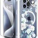 GVIEWIN Magnetic for iPhone 15 Pro Max Case with Screen Protector + Camera Protector, [Compatible with MagSafe] [10FT Drop Protection] Clear Floral Phone Cover Women for 15 ProMax (Hibiscus)