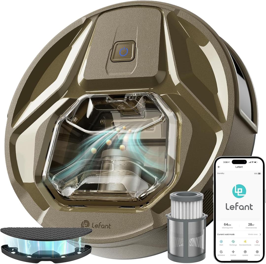 Lefant M320G Robotic Vacuum Cleaner, Carpet Detection, 8,000 Pa Suction, Low Noise, 800ml Visible Dustbin, 360 Mins Runtime, Self-Charging, Ideal for Hard Floor, Pet Hair, Golden Brown