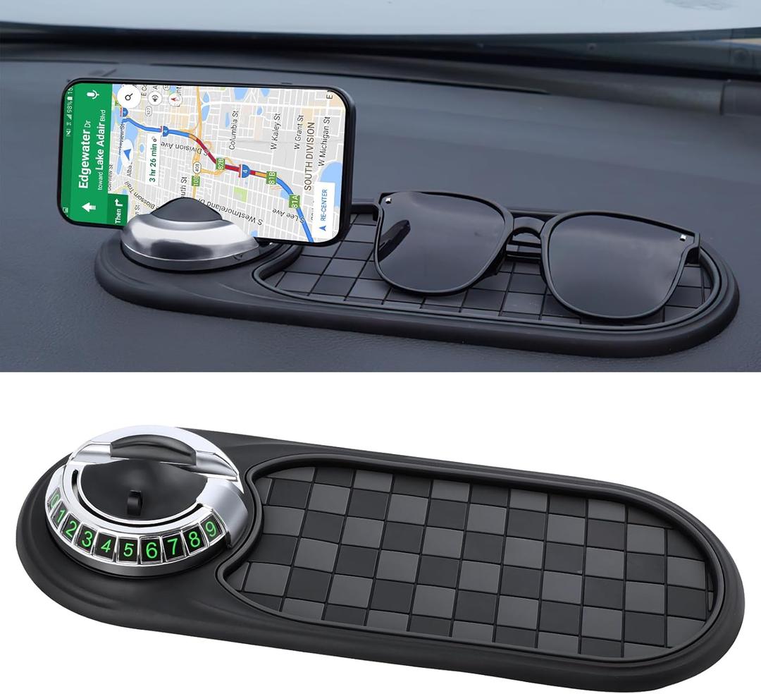 Multifunction Car Anti-Slip Mat Auto Phone Holder,Rotatable Anti Skid Car Dashboard Mat with Temporary Parking Numbe and Large Pad for Phones Sunglasses Keys Gadgets(Gray-Silver)