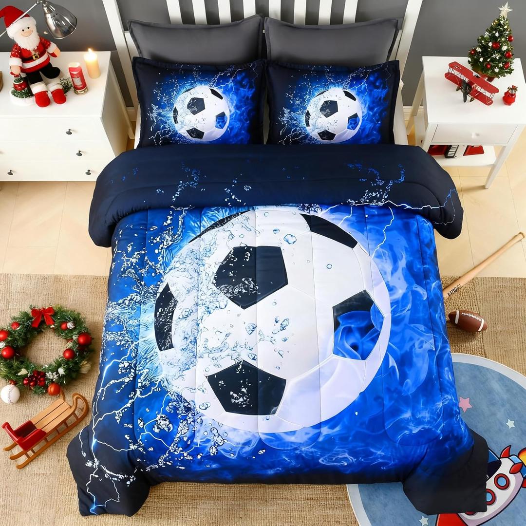 Andency Soccer Comforter Twin(66x90 Inch), 2 Pieces(1 Soccer Comforter, 1 Pillowcase) Blue Flame Soccer Comforter Set Sport Microfiber Bedding Set for Boy Girl Kids, Teen