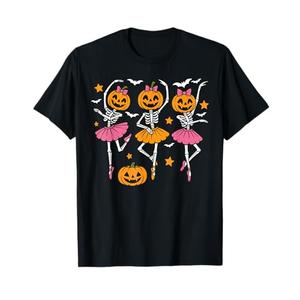 Girls Halloween Ballet Skeleton Pumpkin Girls Skeleton Women T-Shirt Size XS