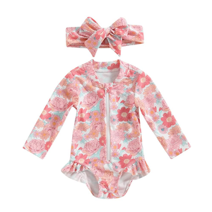 Infant Toddler Baby Girl One-Piece Swimsuit Floral/Flamingo Print Zipper Long Sleeve Ruffled Swimwear Bathing Suit