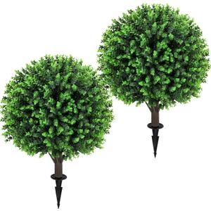 Artificial Green Eucalyptus Topiary Ball Tree 24" with Ground Spike, Set of 2 Artificial Boxwood Bushes for Faux Shrubs, Fake Evergreen Faux Plant for Indoor Outdoor Garden -UV Resistant–Fade-Proof