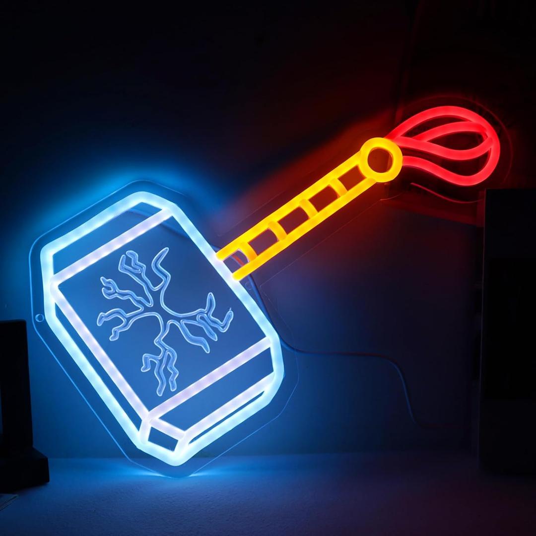 Thor Hammer Neon Sign for Man Cave, Marvell MCU LED Light Dimmanble USB Powered Wall Art for Game Room, Bar Decor
