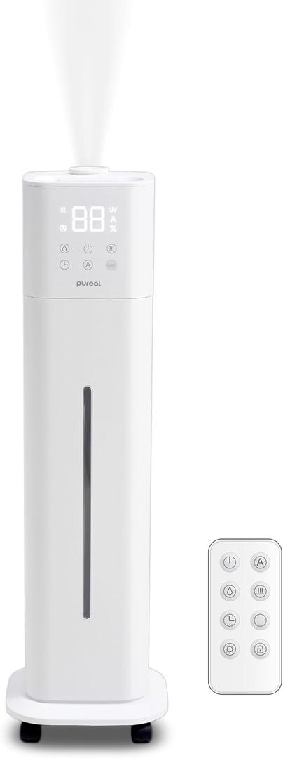 Pureal 10L Tower Humidifier, 83H Runtime, Warm & Cool Mist, Large Room, Top-Fill Tank On Wheels, Auto Mode, 12H Timer, Remote Control, Mood Light, White
