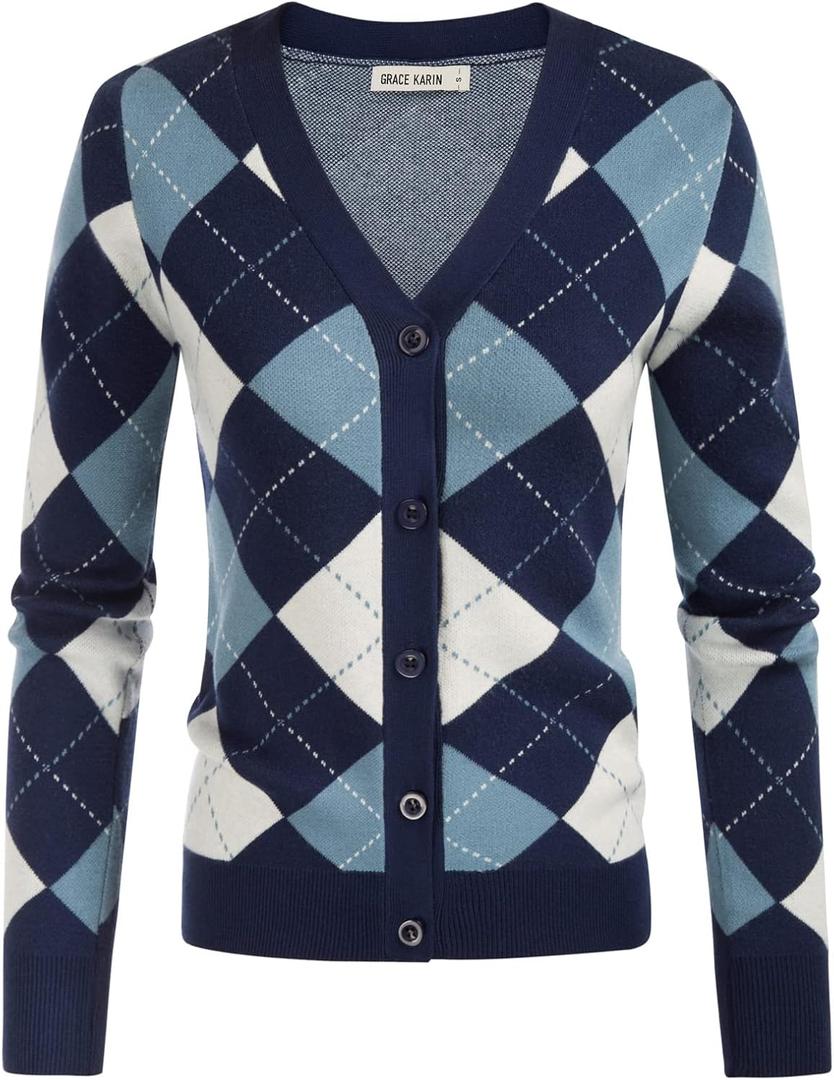 GRACE KARIN Womens Cardigan Sweater Spring Fashion Long Sleeve Argyle Sweater V Neck Button Up Cardigan Preppy Clothes (Large, Plaid Light Blue)