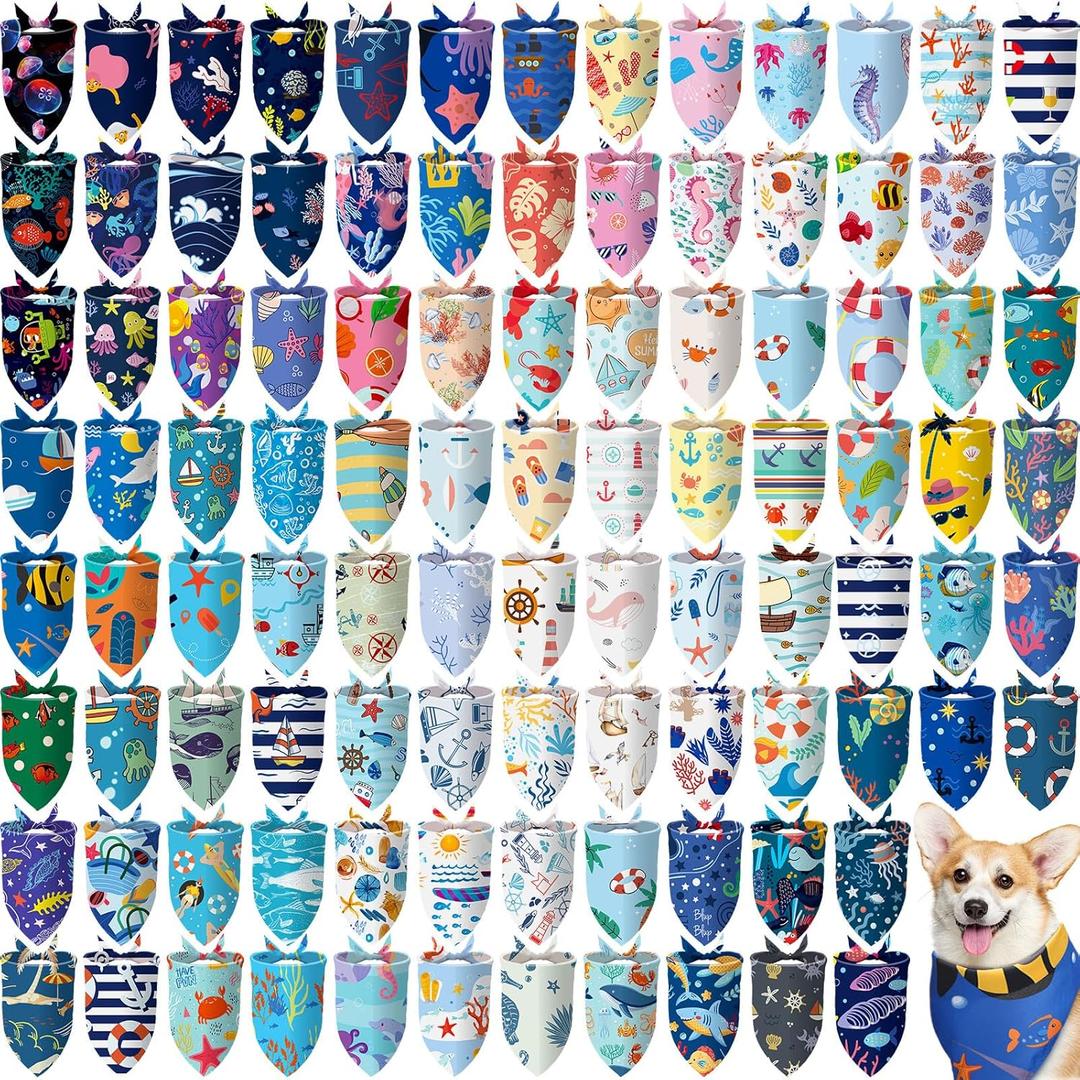 100 Pcs Ocean Dog Bandanas Bulk Pet Bibs Colorful Triangle Pet Ocean Scarf Bandanas for Medium Large Dogs Birthday Summer Beach Holiday Costume Decor