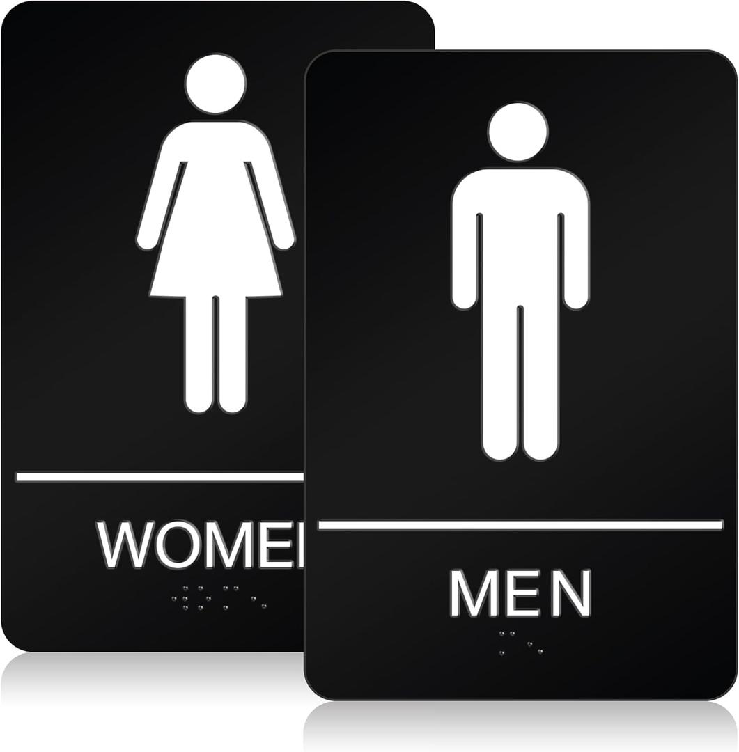 Restroom Sign - ADA Compliant Braille Bathroom Signs for Business with Double Sided 3M Strong Tape - ABS Plastic 9 x 6 for Offices and Restaurants (Pack of 1, Black (Men + Women))
