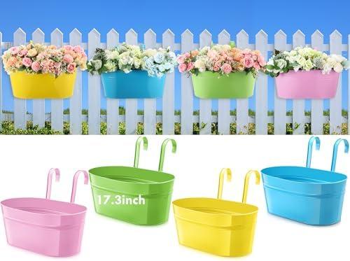 Honeydak 4 Pcs 17.3 Inch Large Metal Iron Hanging Flower Pots Outdoor Rail Planter with Detachable Hooks and Drainage Holes Deck Railing Fence Flower Buckets Plant Holder for Home (Multicolor)