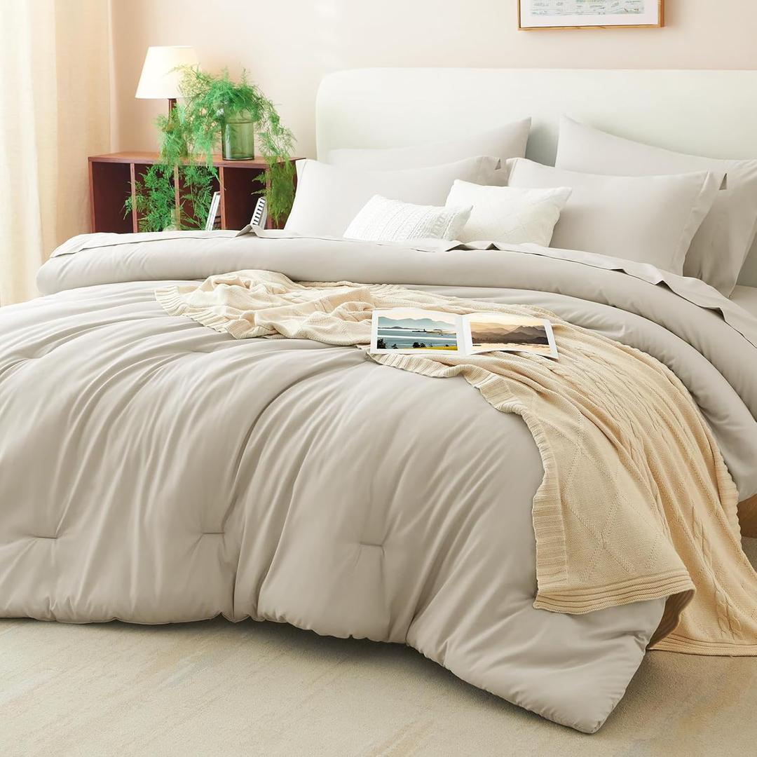 CozyLux Oversized Queen Comforter Set Beige, 7 Pieces Bed in a Bag Comforter Set with Sheets, Luxury Soft Bedding Sets with Down Alternative Comforter, Fitted Sheet, Flat Sheet, Pillowcases & Shams
