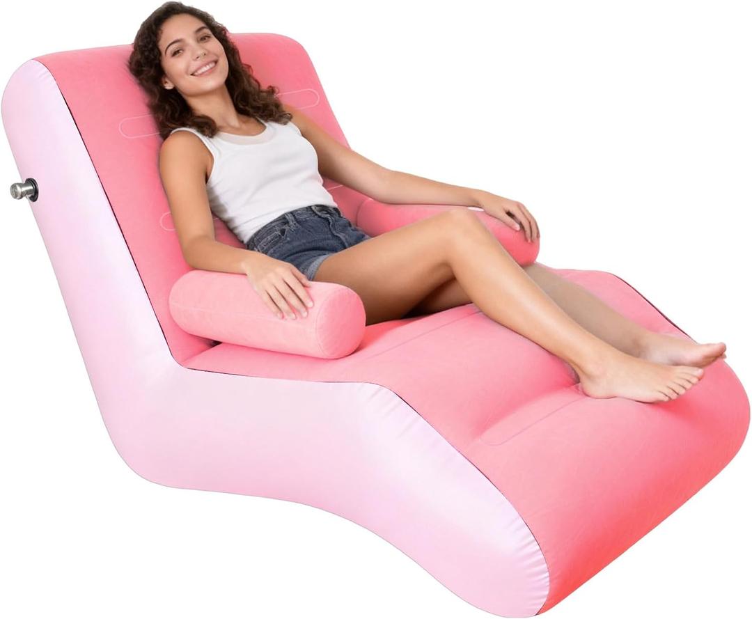 Inflatable Indoor Living Room Chair Lounge with Handrails, Inflatable Foldable Deck Chair with Air Pump, Outdoor Travel Camping Picnic Beach Chaise Lounges(Pink)