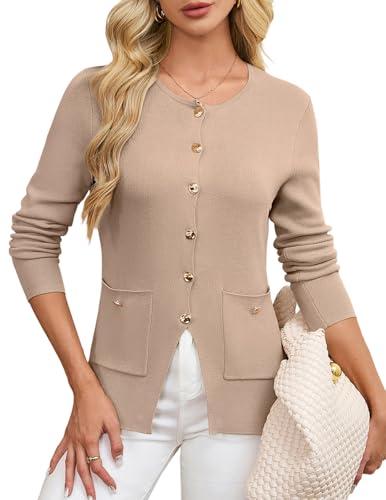 GRACE KARIN Women Business Casual Sweater Blazer Lightweight Long Sleeve Knitted Cardigan Sweaters Slim Fit Cardigan Jackets with Pockets(Khaki,2XL)