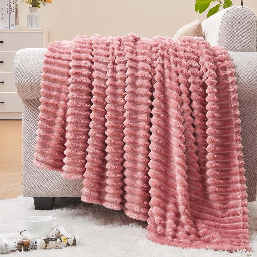 BEDELITE Fleece Blanket Twin Size  3D Ribbed Jacquard Soft and Warm Decorative Fuzzy Blankets  Cozy, Fluffy, Plush Lightweight Throw Blankets for Couch, Bed, Sofa(Pink, 60x80 inches)