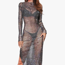 Aukmla Women Rhinestones Mesh Dress Black See Through Cover Up Dresses Beach Bikini Festival Fishnet Swimwear Cover Ups S