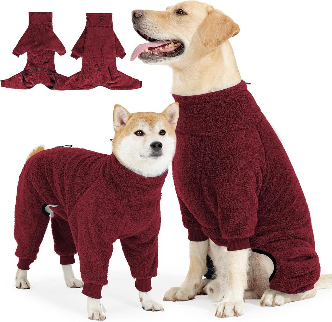 Dog Winter Coat, Warm Fleece Jacket, Windproof Pullover Jumpsuit, Full Body Dog Pajamas Onesie, Cold Weather Clothes for Medium Large Dog (Red), Large
