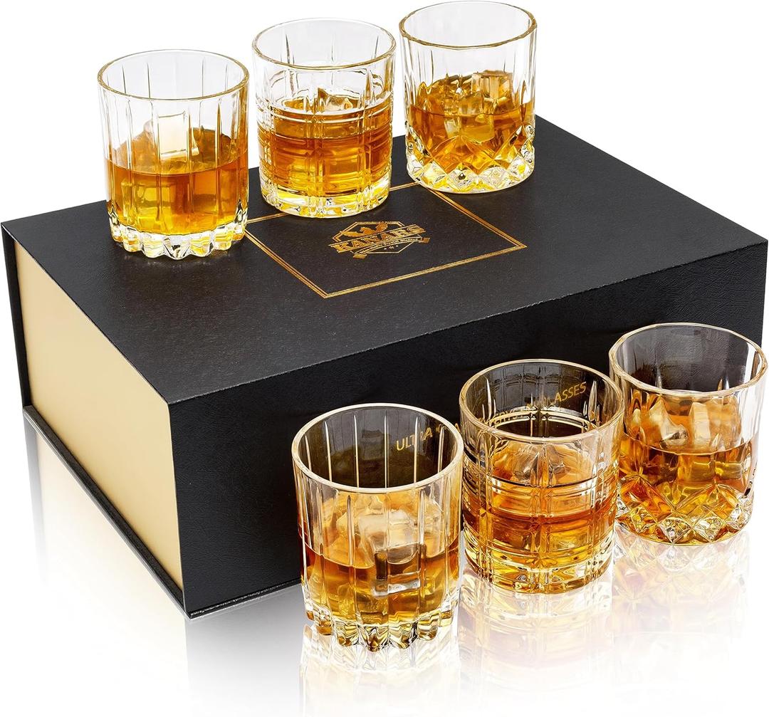 KANARS Crystal Whiskey Glasses, Mixed 10 Oz Scotch Glasses Set of 6, Rock Bar Tumblers 3 Patterns in Luxury Gift Box for Birthday, Anniversary, Housewarming, Father's Day and Wedding