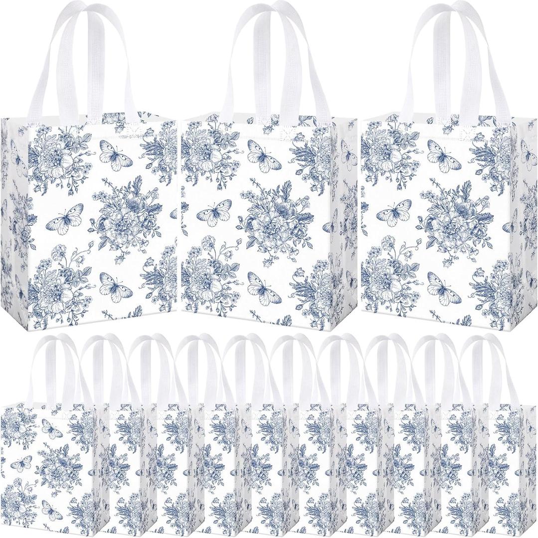 Supervitae 24 Pack Blue Floral Theme Gift Bags Medium Floral Party Favor Flower Totes Reusable Totes Non Woven Goodie Bags for Wedding Birthday Baby Shower Family Holiday Travel(9.8" x 7.9" x 3.9")