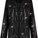 Shiny Metallic Jacket Women Black Open Front Long Sleeve Sequin Sparkle Bomber Jacket Sweatshirt Black M (Black)