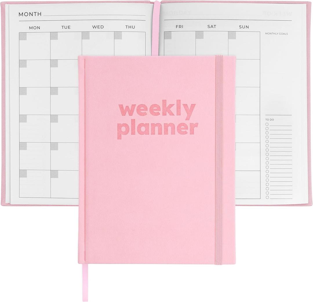 Rileys & Co Undated Daily Planner 8 x 6 in, Day Schedule Planner & Agenda Book, Journal with Goal & Habit Tracker, No Dates Dateless Annual Organizer for Work, School & Home - Pink