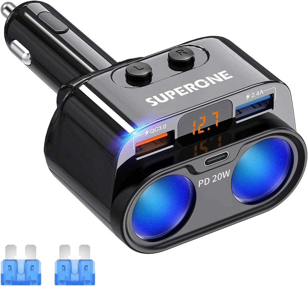 SUPERONE 200W 2-Socket Cigarette Lighter Splitter Power Adapter, USB C Car Charger with 20W Power Delivery 3.0 & QC 3.0 for iPhone 17/16 Pro Max/15/14/13/12/11 Pro/X/8, Samsung, Google Pixel and More (Square)
