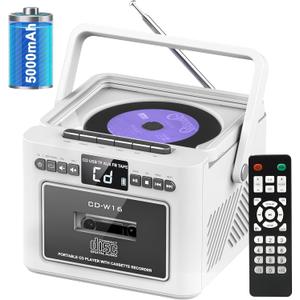 Boombox CD Player,CD Cassette Player Combo with Bluetooth,5w HiFi Speakers,Built-in 5000 Rechargeable Battery,FM Radio,Tape Recording,Remote Control,USB/AUX/Micro SD/3.5mm Headphone for Home (White)
