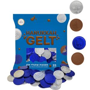 4 x The Dreidel Company 25-Pack Blue & Silver Hanukkah Milk Chocolate Coins, Hanukkah Design Menorah & Dreidel Design, Non GMO, Kosher Certified OU-D (EXP 11/02/27)